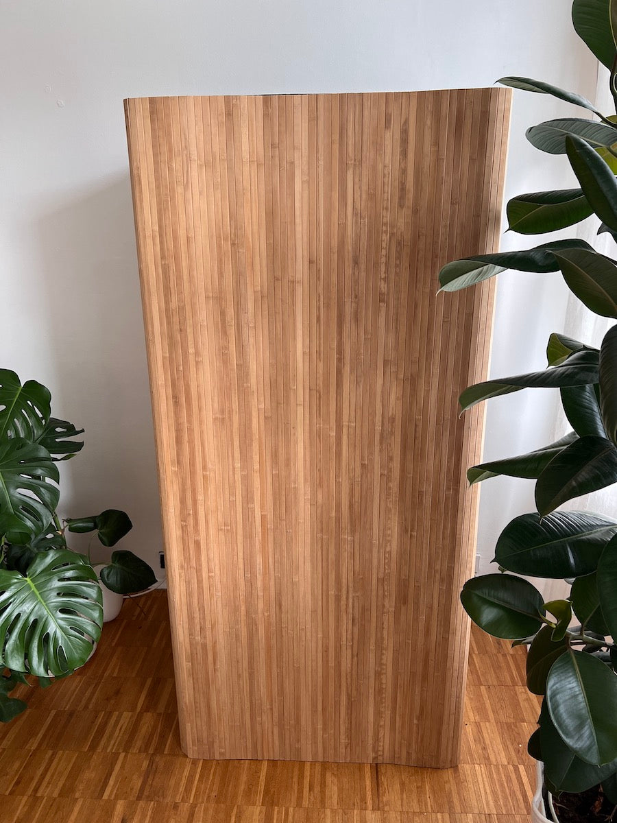Wood Coat Growbox Holzverkleidung aus Bambus – elegante Frontansicht, magnetisch montiert und wohnzimmertauglich zwischen Pflanzen platziert